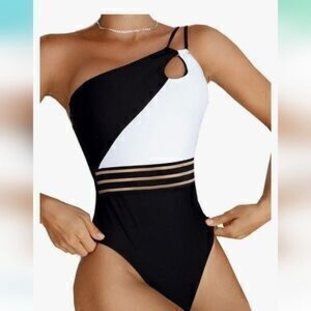 Sexy One Piece Bathing Suit One Shoulder Monokini? Slimming Mesh blk/white SZ S